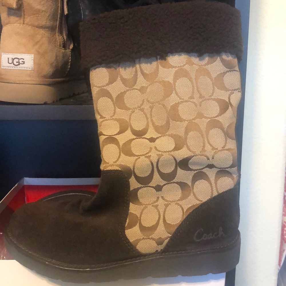 Brown and tan coach boots